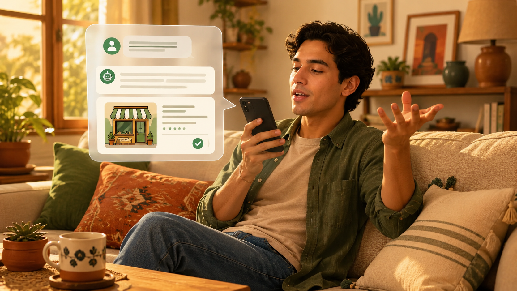 Persona joven preguntándole a un asistente de IA por una recomendación de negocio desde su teléfono.