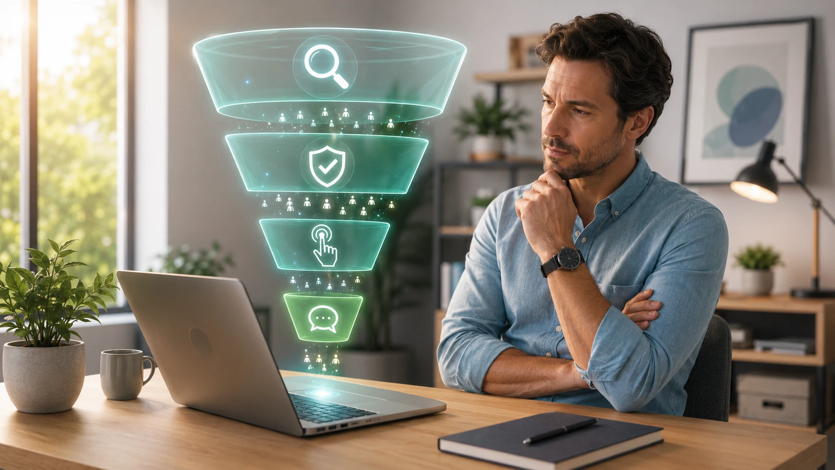Embudo digital con cuatro etapas (te encuentran, confían, convierten, responden) sobre el escritorio de un emprendedor.