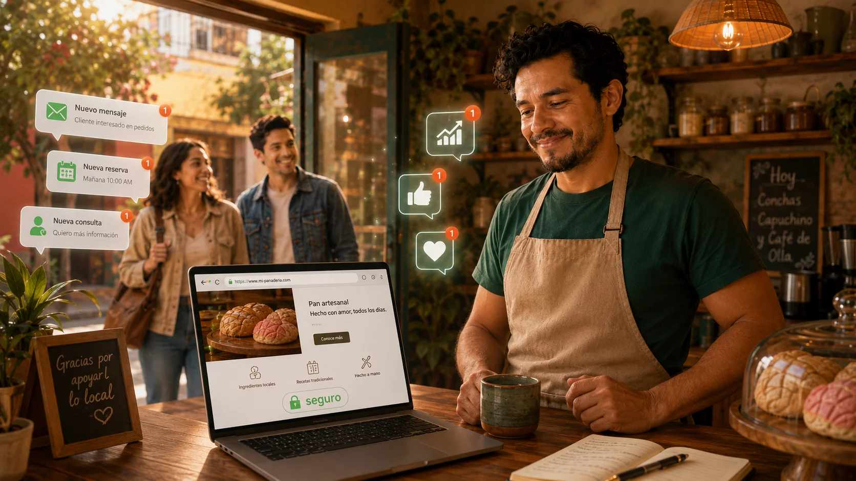 El mismo negocio, ahora con su web segura y candado verde, recibe clientes y mensajes con confianza.