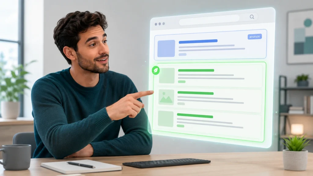 Resultados de Google: la zona orgánica gratuita resaltada frente a los anuncios patrocinados. Aparecer