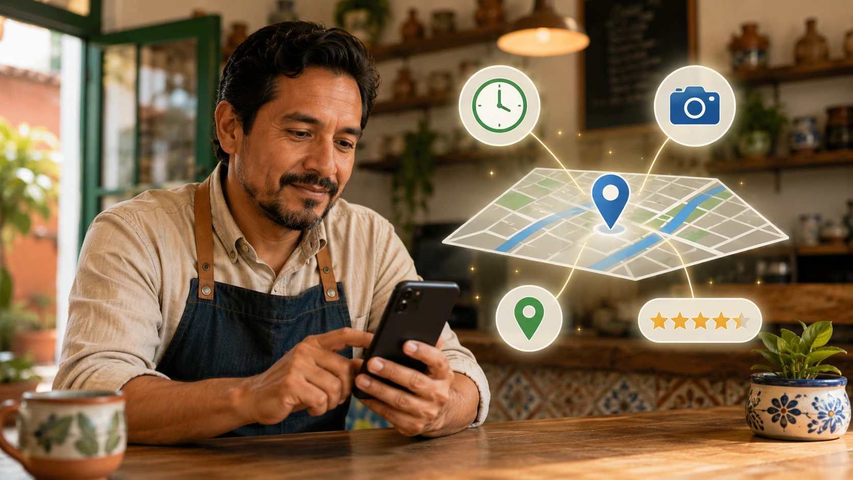Dueño de negocio completa su Perfil de Empresa de Google con horarios, fotos, ubicación y reseñas.