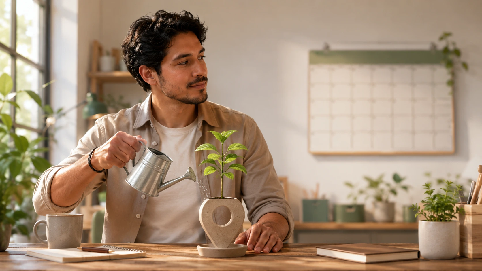 El SEO local crece con tiempo y constancia, como una planta en una maceta con forma de pin de ubicación.
