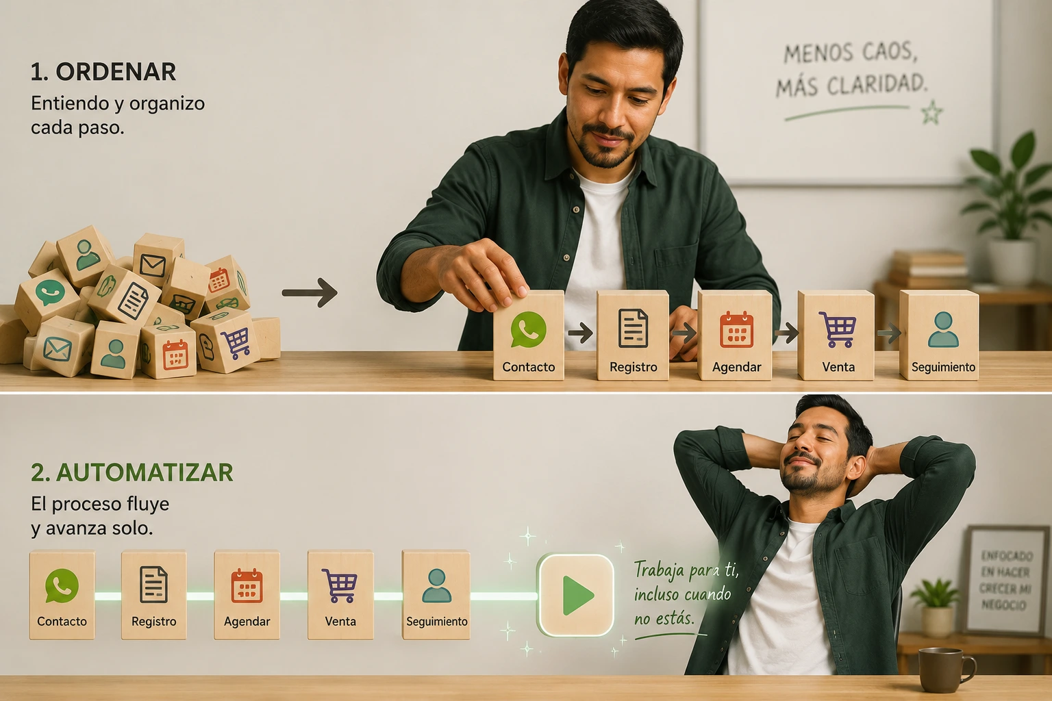 Primero ordenar el proceso y luego automatizarlo: piezas desordenadas que forman un flujo claro.