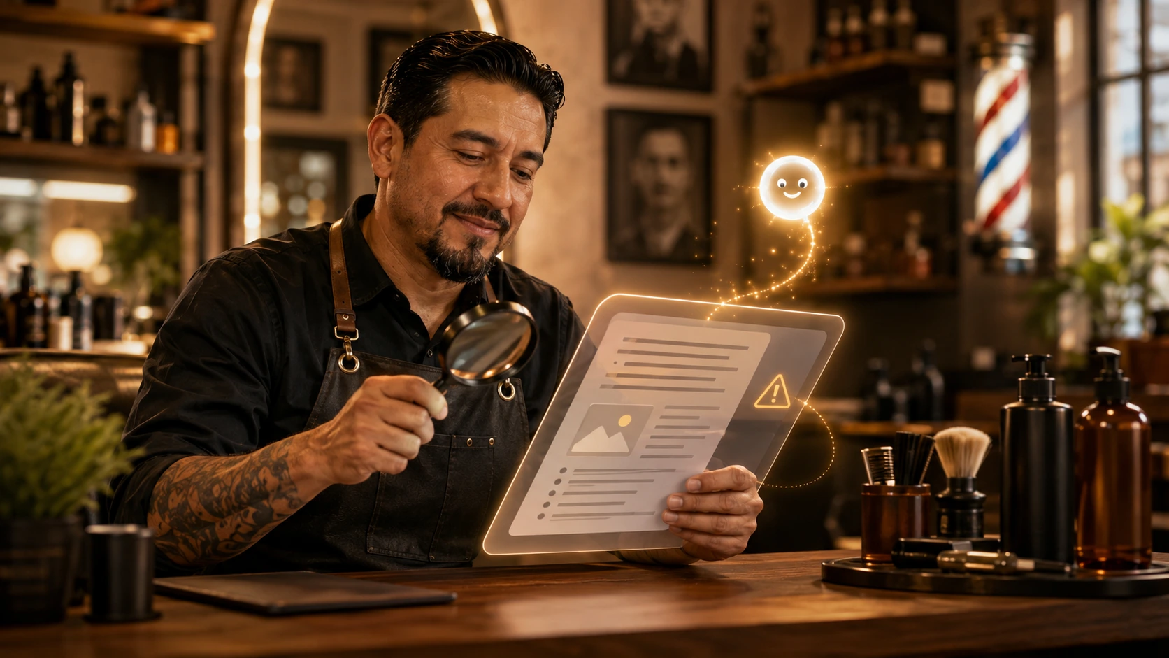 Dueño de negocio revisa con calma el texto que generó la IA antes de usarlo, porque siempre hay que revisar.