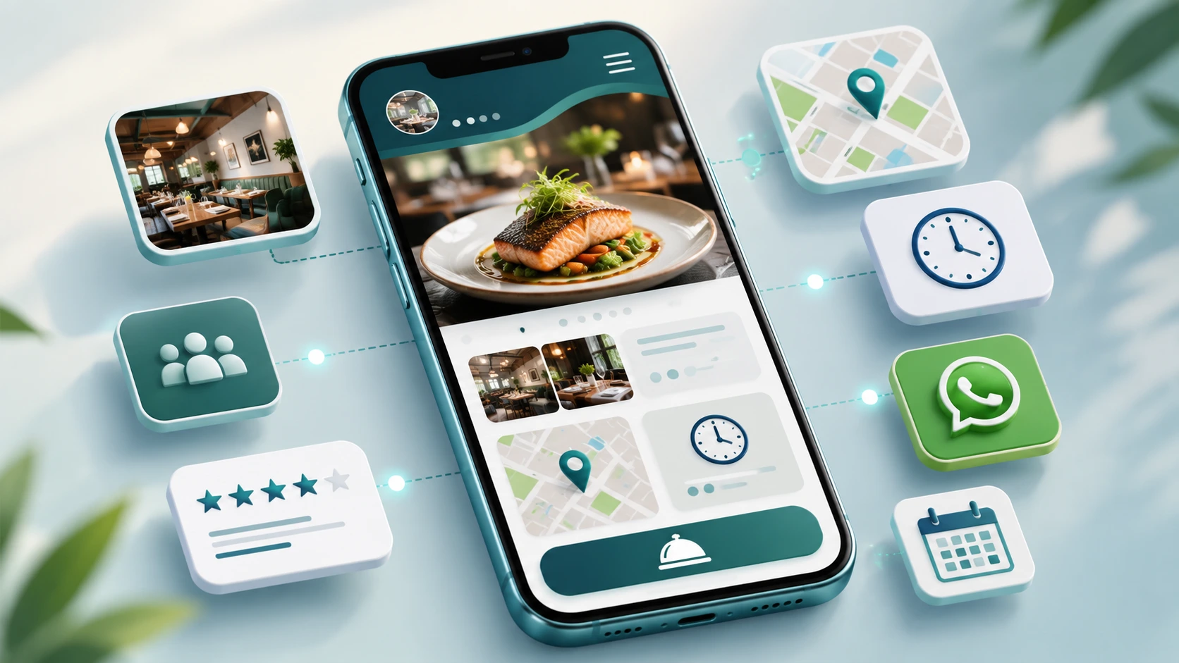 Elementos de la página web de un restaurante: menú, fotos, ubicación, horarios y WhatsApp